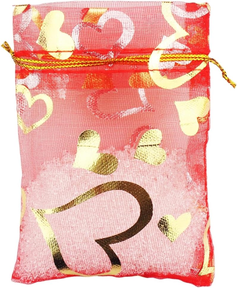 100 Pack 2.8 x 3.5 Inch Flower Heart Organza Jewelry Gift Pouch Candy Pouch Drawstring Wedding Favor Bags B511S (red gold heart)