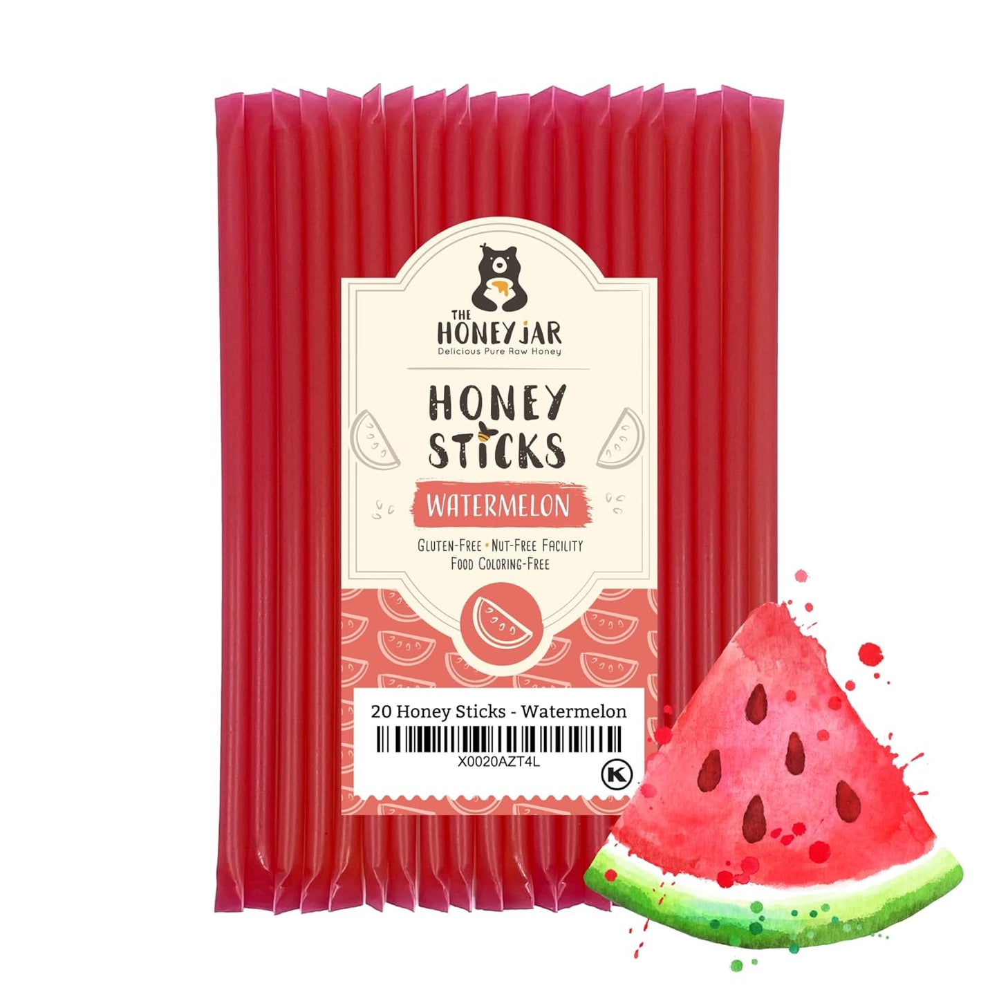 The Honey Jar Watermelon Flavored Honey Sticks - Pure Honey Straws For Tea, Coffee, or a Healthy Treat - One Teaspoon of Flavored Honey Per Stick - Made In The USA with Real Honey - (20 Count)
