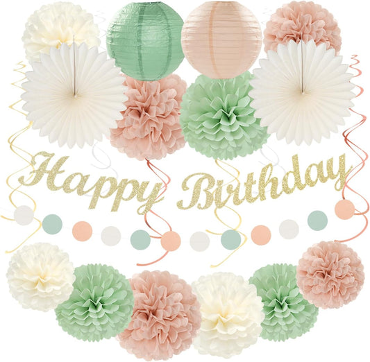 Sage-Green Pink First Happy Birthday Party-Decorations - 22pcs 18th Women Girls Paper Lanterns Streamers Banner Pom Poms,Spring Boho Aesthetic Bohemian Pastel Neutral Decor Backdrop Supplies Hugmoon