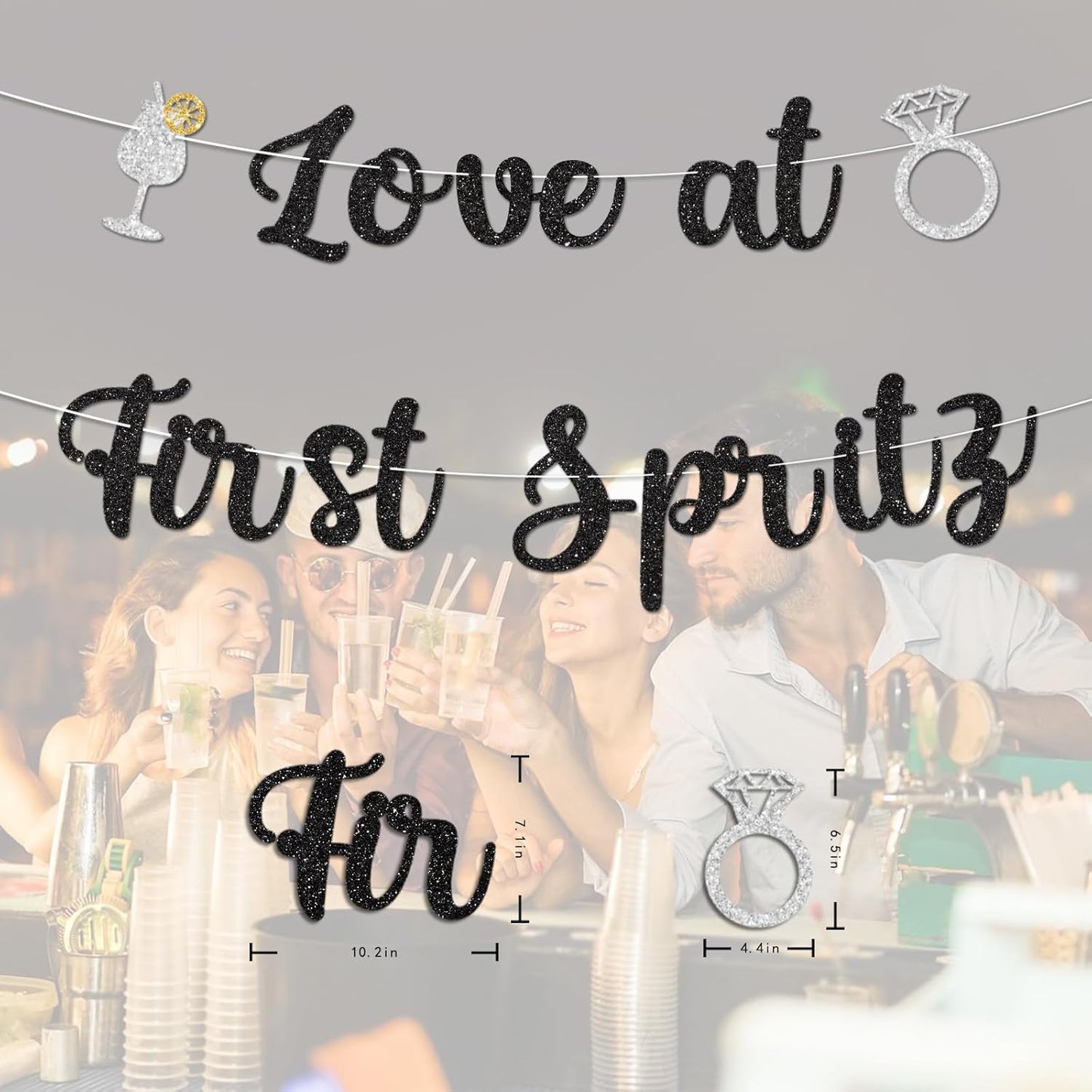 Love At First Spritz Wedding Banner - Bridal Shower Decorations, No Diy, Glitter Just Engaged Spritz Party Banners for Wedding/Engagement/Bachelorette Party Decorations Supplies, Black.