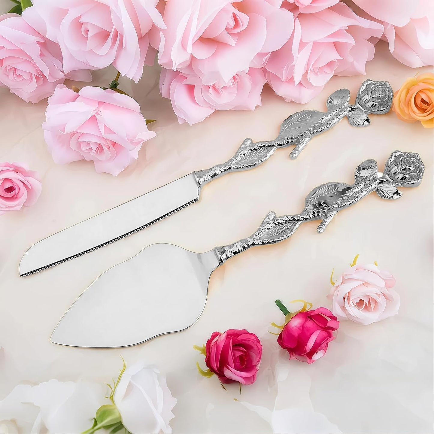 Personalized Wedding Cake Knife and Server Set, Custom Name/Date Cake Cutting Set for Wedding, Customized Cake Cutter for Bridal Anniversary Birthday Couple Gifts (Rose-Silver)