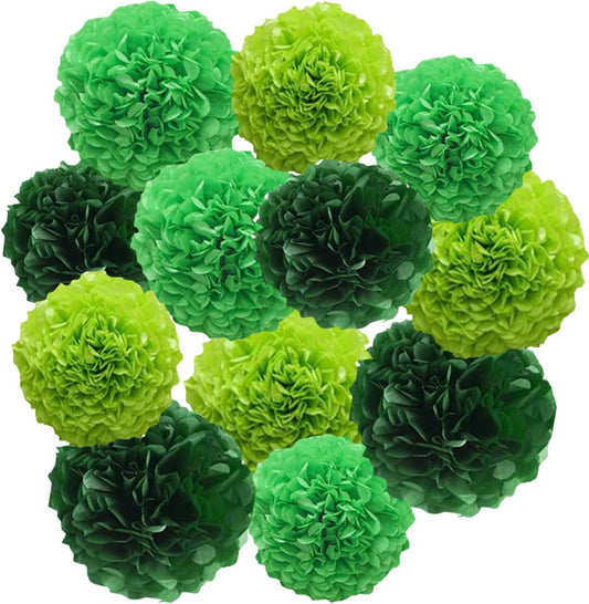 12pcs Paper Pom Poms Tissue Flower Kit - 10in 12in Green Hanging Balls for Wedding Party Decorations - DIY Art Craft Blooms for Birthday Baby Shower Nursery Decor