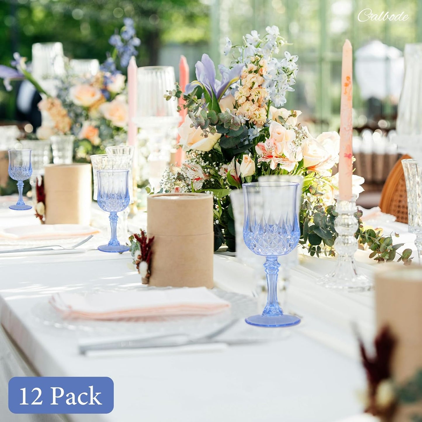 Blue Plastic Wine Glasses Set of 12 – 7oz Unbreakable Vintage Drinking Glasses for Parties Reusable & Dishwasher-Safe for Weddings, Bars, and Every Celebration