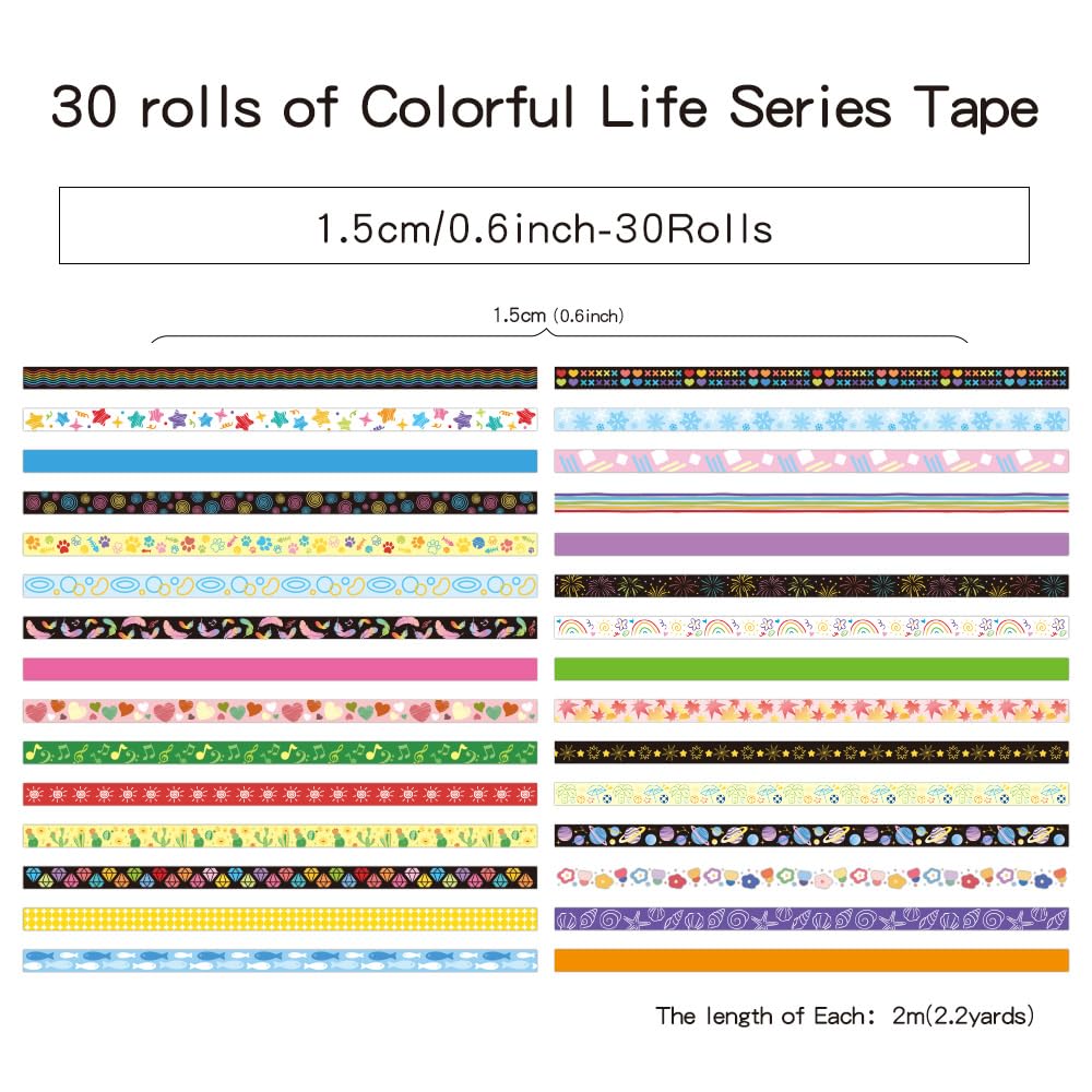 30 Rolls Colorful Theme Washi Tape Set with Different Colorful Patterns, Writable Decorative Tapes for Scrapbooking, Bible Journaling, Bullet Journaling, 0.6'' x 79'' per Roll