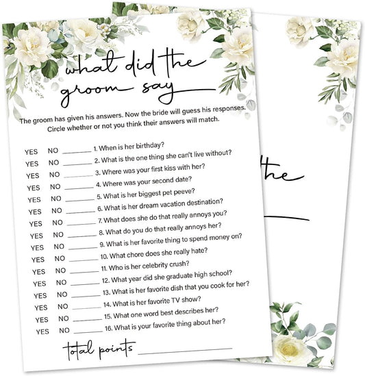 Eucalyptus Bridal Shower Games 30 Guests, What Did the Groom Say Bridal Games for Showers, White Rose Wedding Engagement Party Activity Party Supplies/Green-04