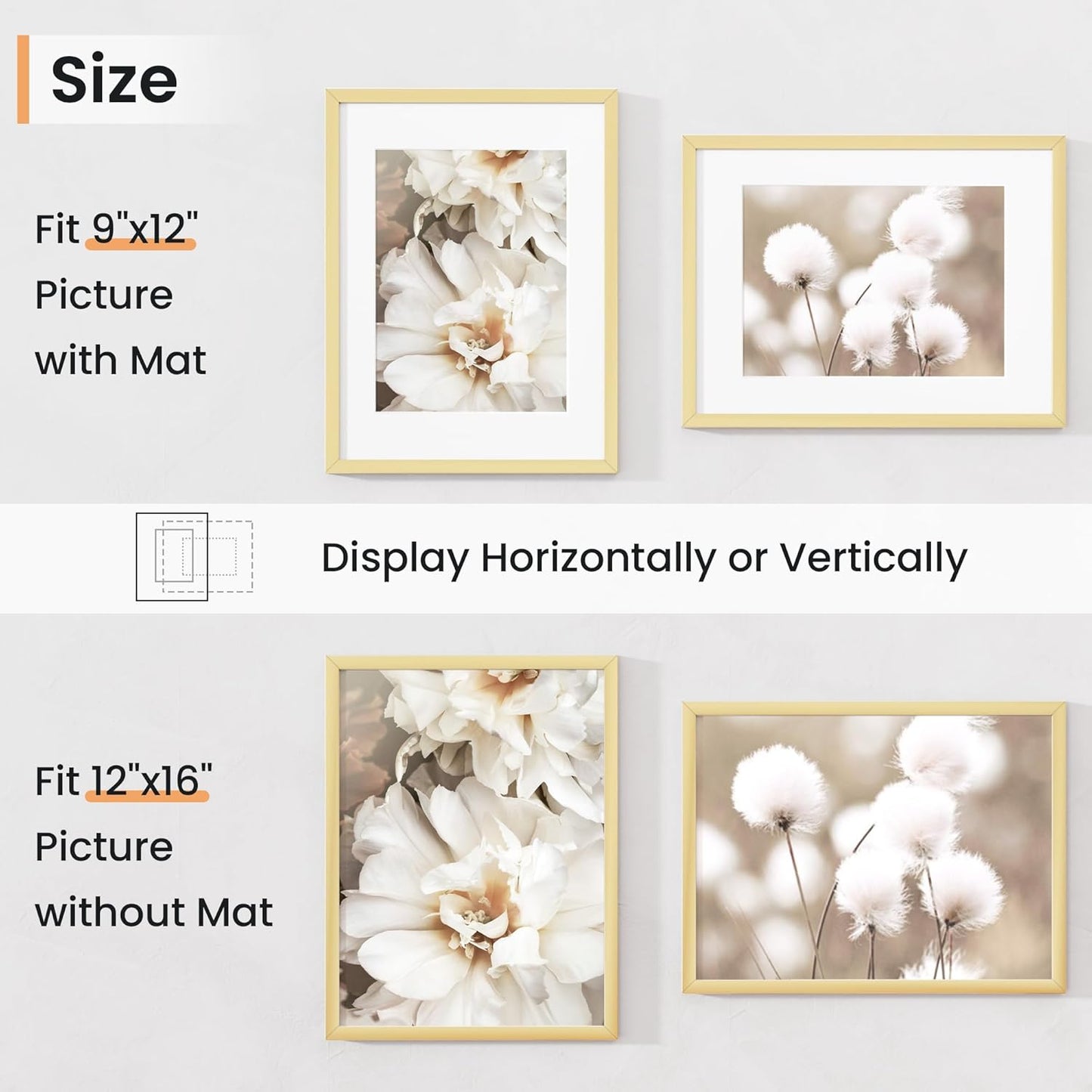 12x16 inch Picture Frame, 12x16 Photo Frames with 8.5x11 Removable Mat - High Definition Plexiglass - Vertical and Horizontal Display - Wall Hanging Frame - Gold, 3 Pack
