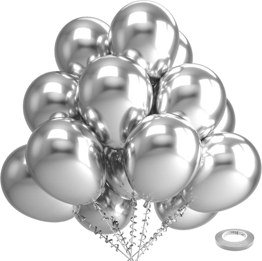 Bezente Silver Metallic Chrome Latex Balloons, 100 Pack 12 inch Silver Round Helium Balloons for Wedding Graduation Anniversary Bridal Shower Birthday Bachelorette Party Decorations