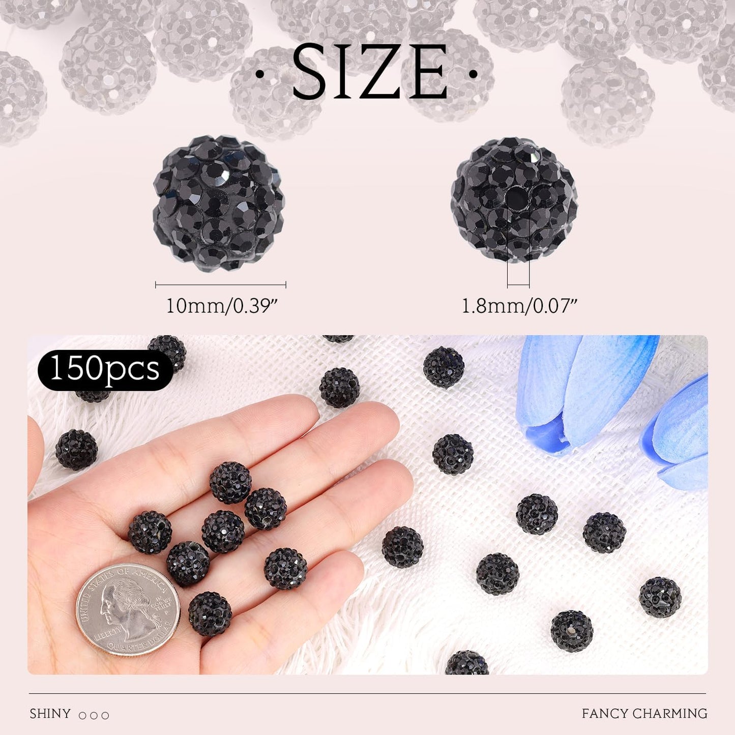 150 pcs 10mm Rhinestone Beads for Jewelry Making, Black Shiny Round Shamballa Disco Beads Bulk, Sparkle Crystal Clay Christmas for Bracelet Baseball Necklace Earring Crafting and DIY