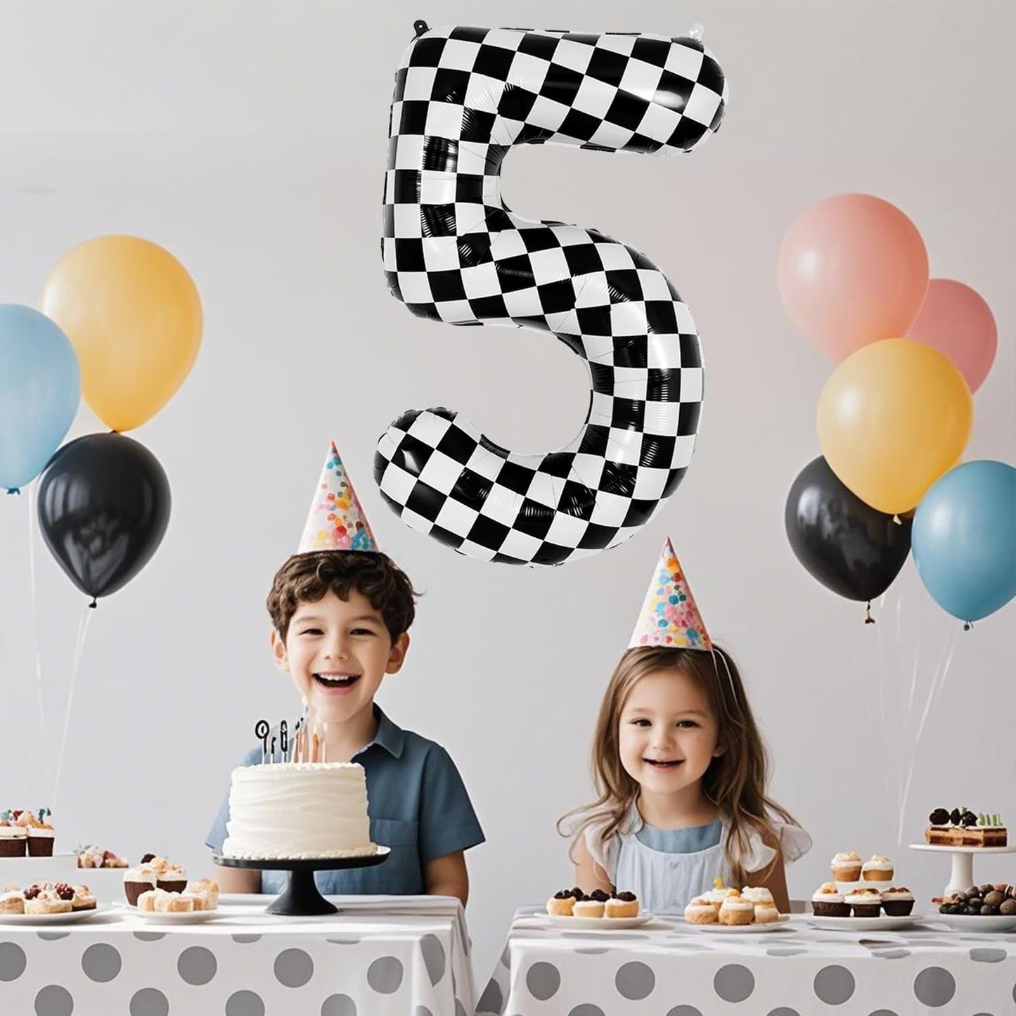 40 Inch Checkered Number Balloon - Race Flag Pattern Big Helium Balloon for Birthday Party Decorations - Black & White Balloon for Kids Adults Party Supplies (Racing Car, Number 5)