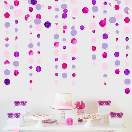 Pink and Purple Party Decorations Circle Dots Garland Hot Pink Lavender Hanging Polka Dot Streamer for Girls Birthday Baby Shower Bridal Shower Wedding Bachelorette Anniversary Party Supplies