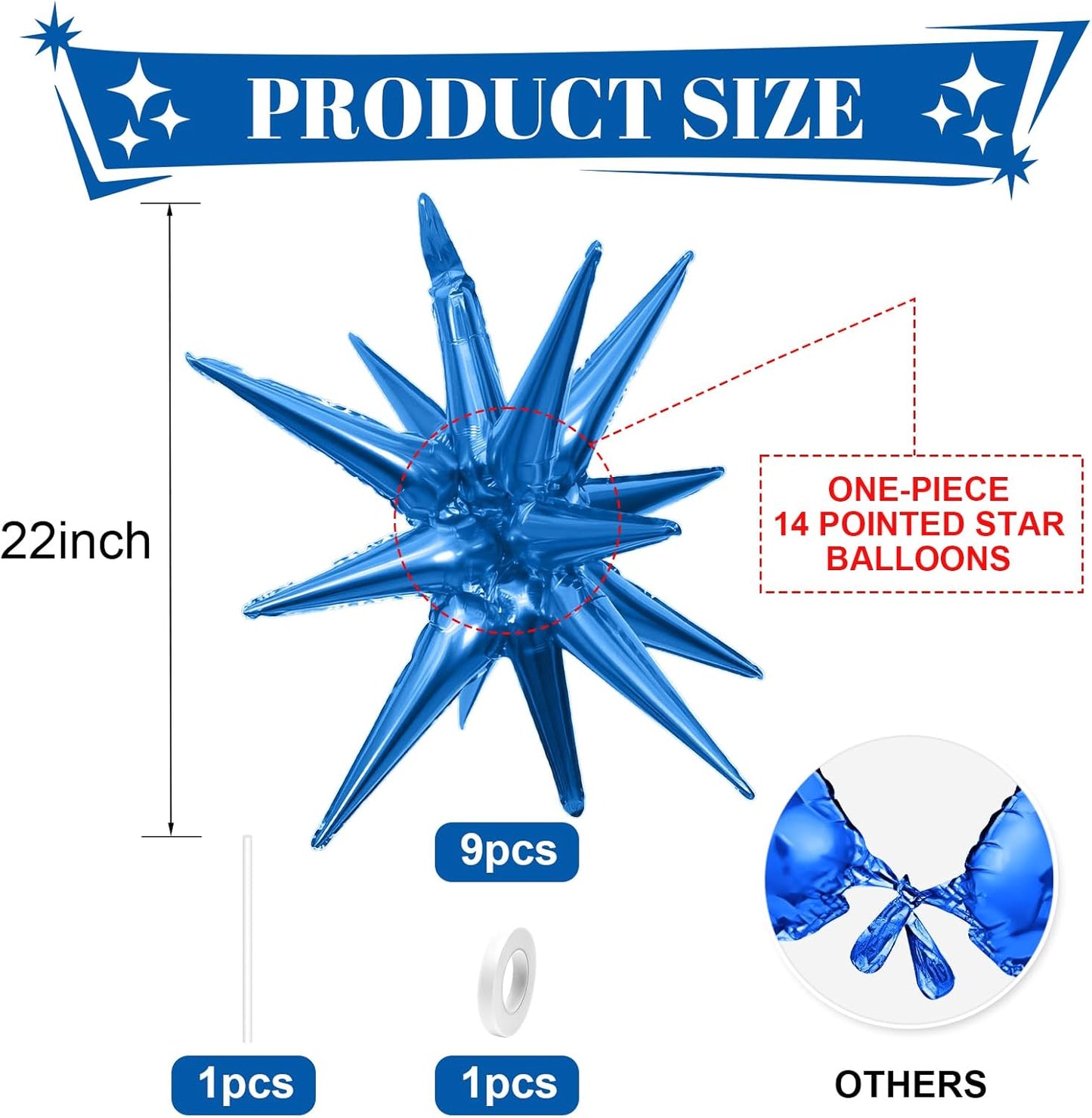 Blue Star Balloons,9Pcs 22Inch Blue Explosion Spike Cone Helium Polyester Film Star Foil Balloons for Birthday Anniversary Baby Shower Wedding Disco Party Decorations