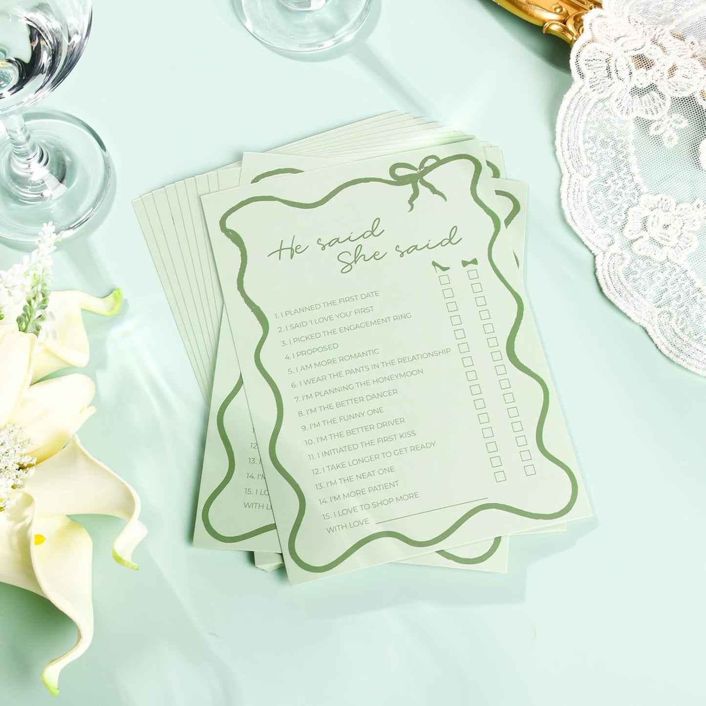 DEEKA 30 PCS Bridal Shower Games Card for 30 Guests Sage Green Wavy Border Ribbon Bow Funny Wedding Bachelorette Party Games for Reception (He Said She Said)