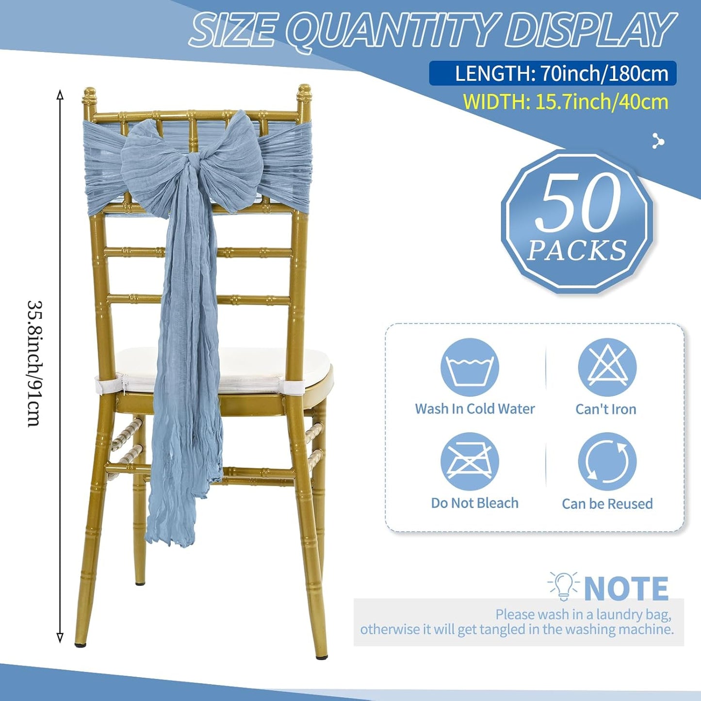 50 PCS Cheesecloth Chair Sashes Bows Wedding Aisle Decorations Chair Ribbon Ties Back Sash for Wedding Party Events Banquet Chair Cover Decoration (Dusty Blue)