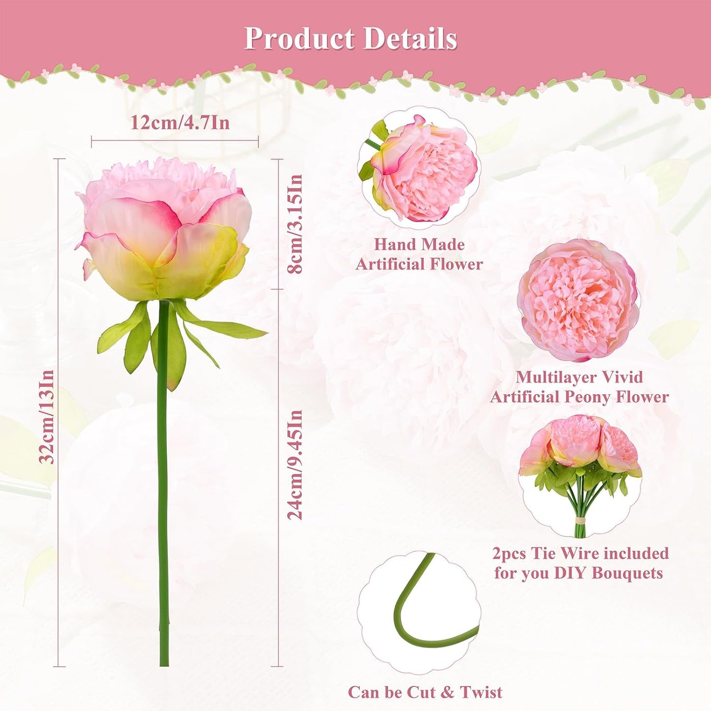 U'Artlines 2 Bouquet 10 Heads Artificial Peony Silk Flower Leaf Home Office Wedding Party Festival Bar Decor (Pink)