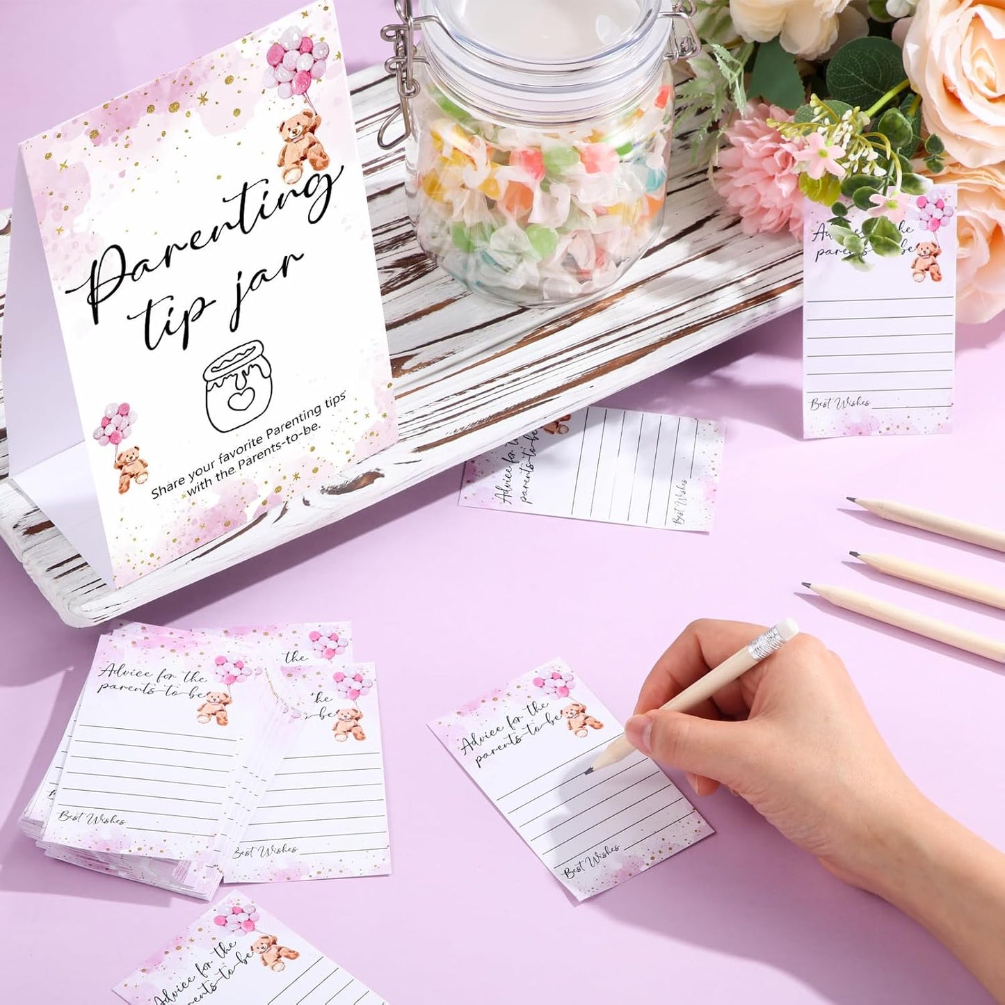 Roowest Baby Shower to Baby Advice Cards for New Parents to Be - Tip Jar Sign for New Parents 60 Parenting Advice Cards 10 HB Pencils 2 Cute Stickers 1 Pet Bottle for Guests Games(Pink Bear)