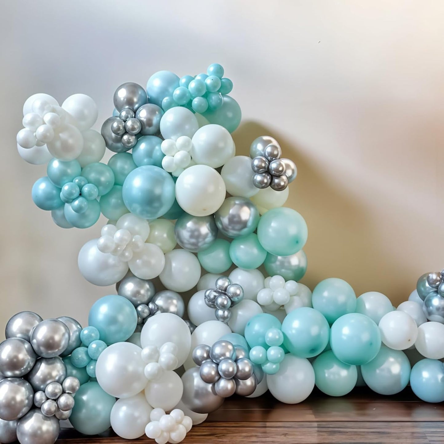 Double Stuffed Teal Balloons, 60pcs Teal Blue Silver Balloons, Pearl White Balloon For Girls Women Lady Birthday Baby Shower Party Wedding Bridal Shower Bachelorette Anniversary Engagement Decorations