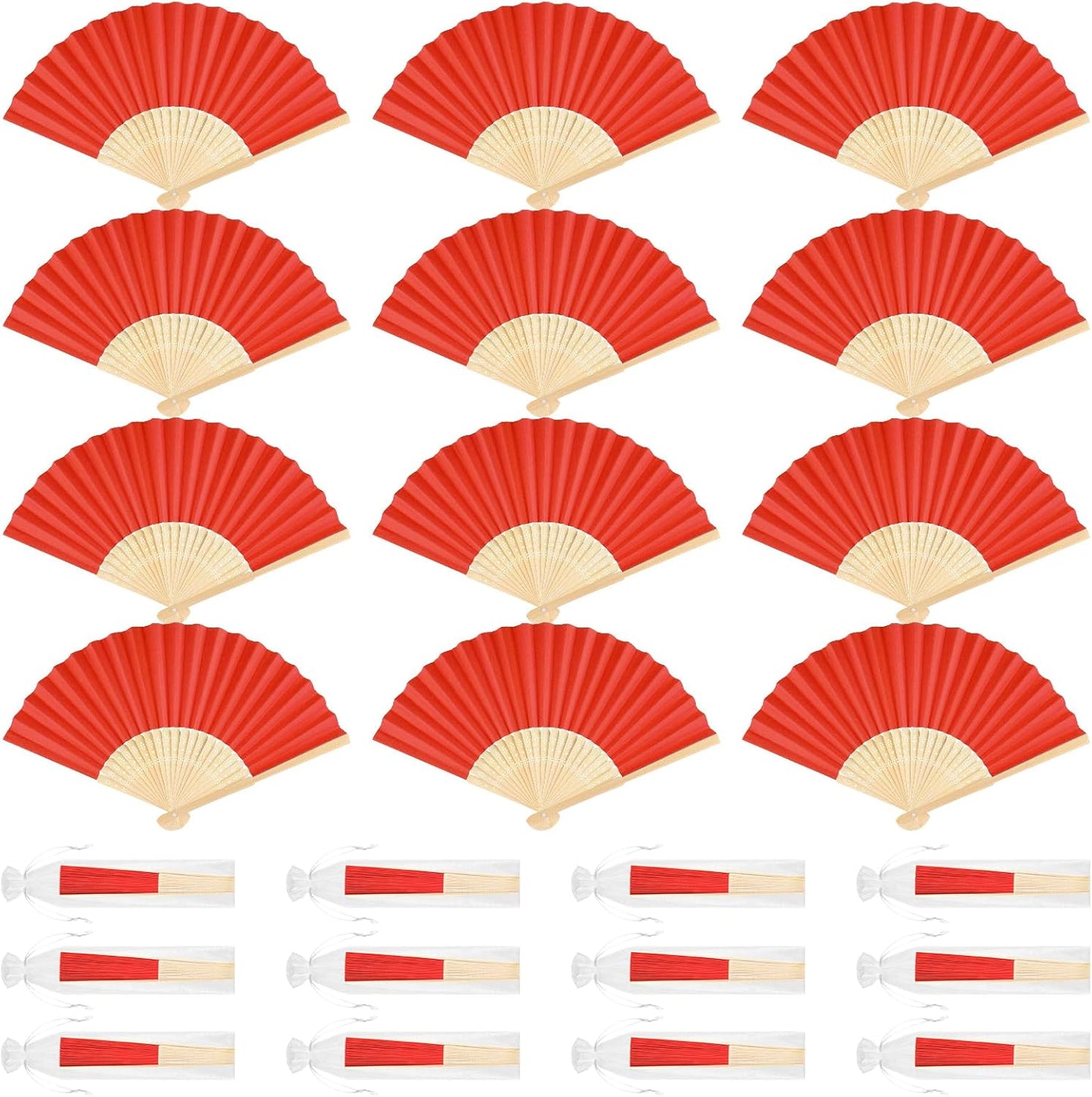 12 Pieces Red Hand Held Bamboo Folding Fans Paper Fans Handheld for Women Foldable Girls Wedding DIY Decoration Church Home Party Favors Summer