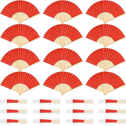 12 Pieces Red Hand Held Bamboo Folding Fans Paper Fans Handheld for Women Foldable Girls Wedding DIY Decoration Church Home Party Favors Summer