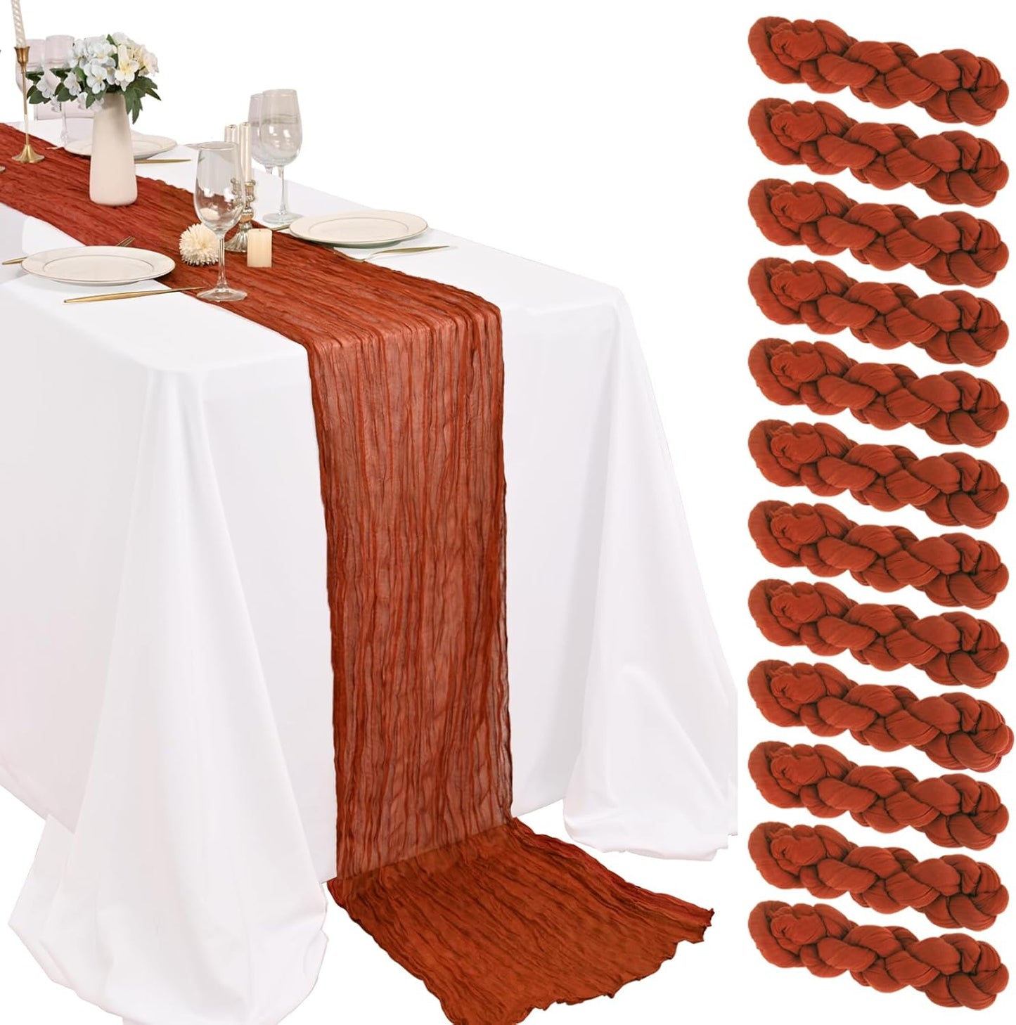 12 Pack Terracotta Cheesecloth Table Runner 20 x 120 inch Gauze 10FT Semi Sheer Boho Fabric Cheese Cloth Table Runner for Wedding Party Birthday Baby Bridal Shower