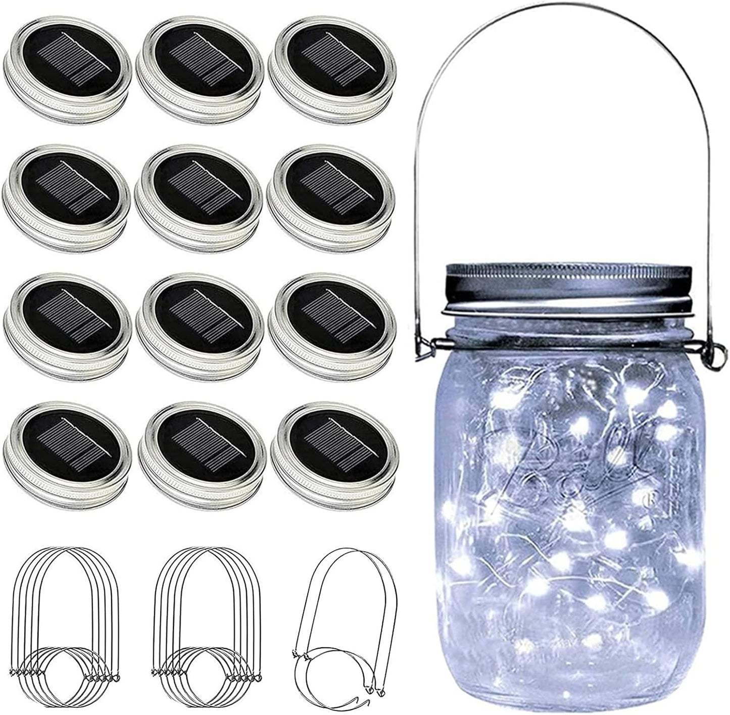 VOOKRY 12 Pack Solar Mason Jar Lights, 30 LED Mason Jar Lids Waterproof Firefly Fairy String Lights with 12 Hangers(No Jars), for Outdoor Patio Garden Yard Lawn Party Wedding Decoration - Cool White