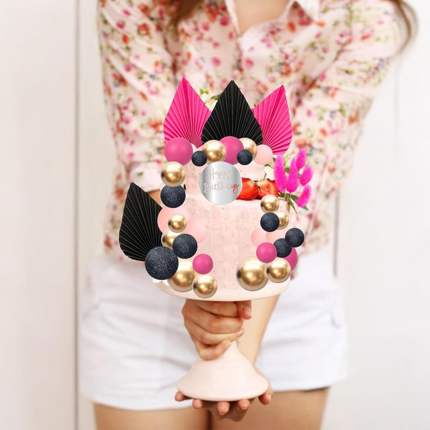 Ephlyn 33 Pack Balls Cake Toppers Boho Palm Leaves Cake Decorations Round Acrylic Happy Birthday Cupcake Toppers for Birthday Wedding Baby Shower Party Supplies Pink Black