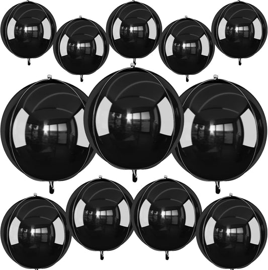 12Pcs Black Round Foil Balloons, 22" 15" 10" Metallic Black 4D Ball Balloons for Birthday Graduation Christmas New Year Eve Halloween Party Backdrop Decorations