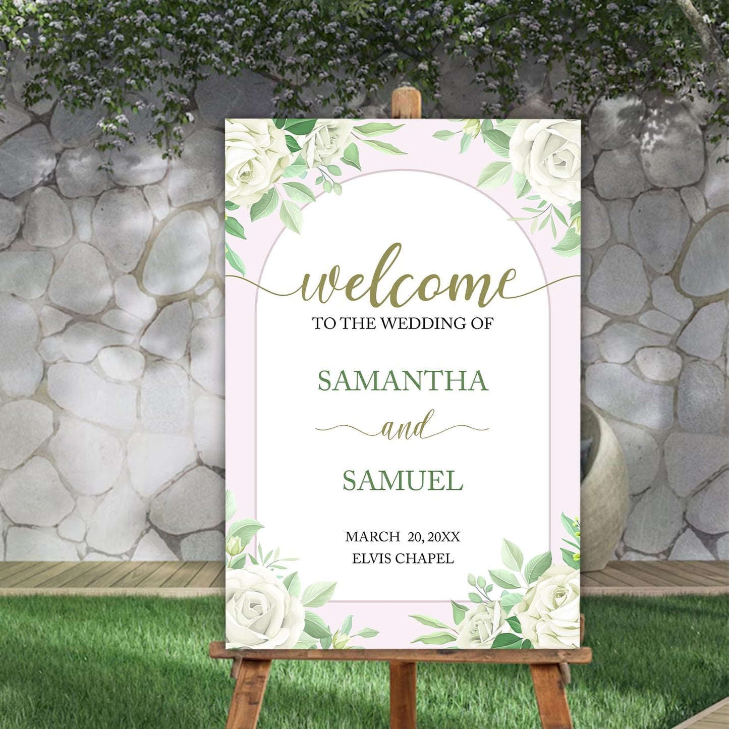 Editable Greenery Wedding Welcome Sign Template, Printable White Floral Sign for Ceremony or Reception, Modern Minimalist Wedding Decor