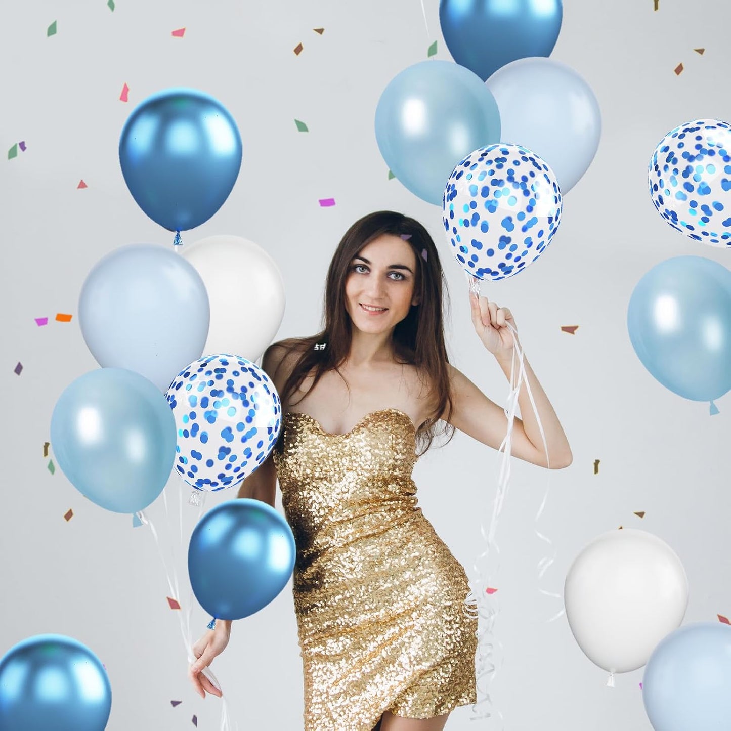 60pcs Blue & White Balloons - 12in Metallic Blue Pearl Confetti Latex - Boys Birthday, Baby Shower, Wedding Decorations