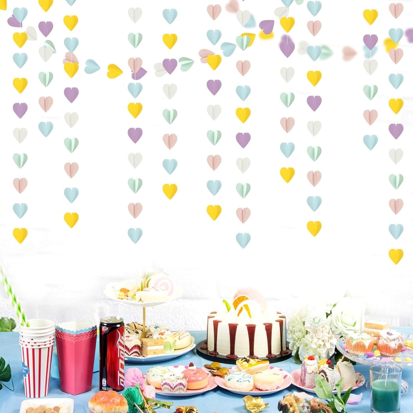 Pastel-Rainbow Party-Decorations 3D Heart Garland - 39Ft Yellow Blue Pink Purple Mint Hanging Paper Streamers Banner, Engagement Wedding Bachelorette Baby Bridal Shower Decor Ouruola