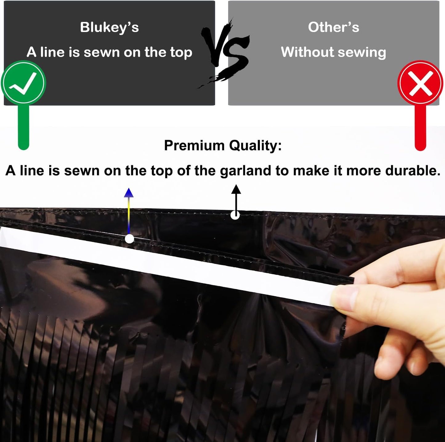 Thick 10 Feet by 15 Inch Black Foil Fringe Garland - Pack of 3 - Shiny Metallic Tinsel Banner for Parade Floats, Easter Day, Halloween, Christmas | Wall Hanging Drapes (3)