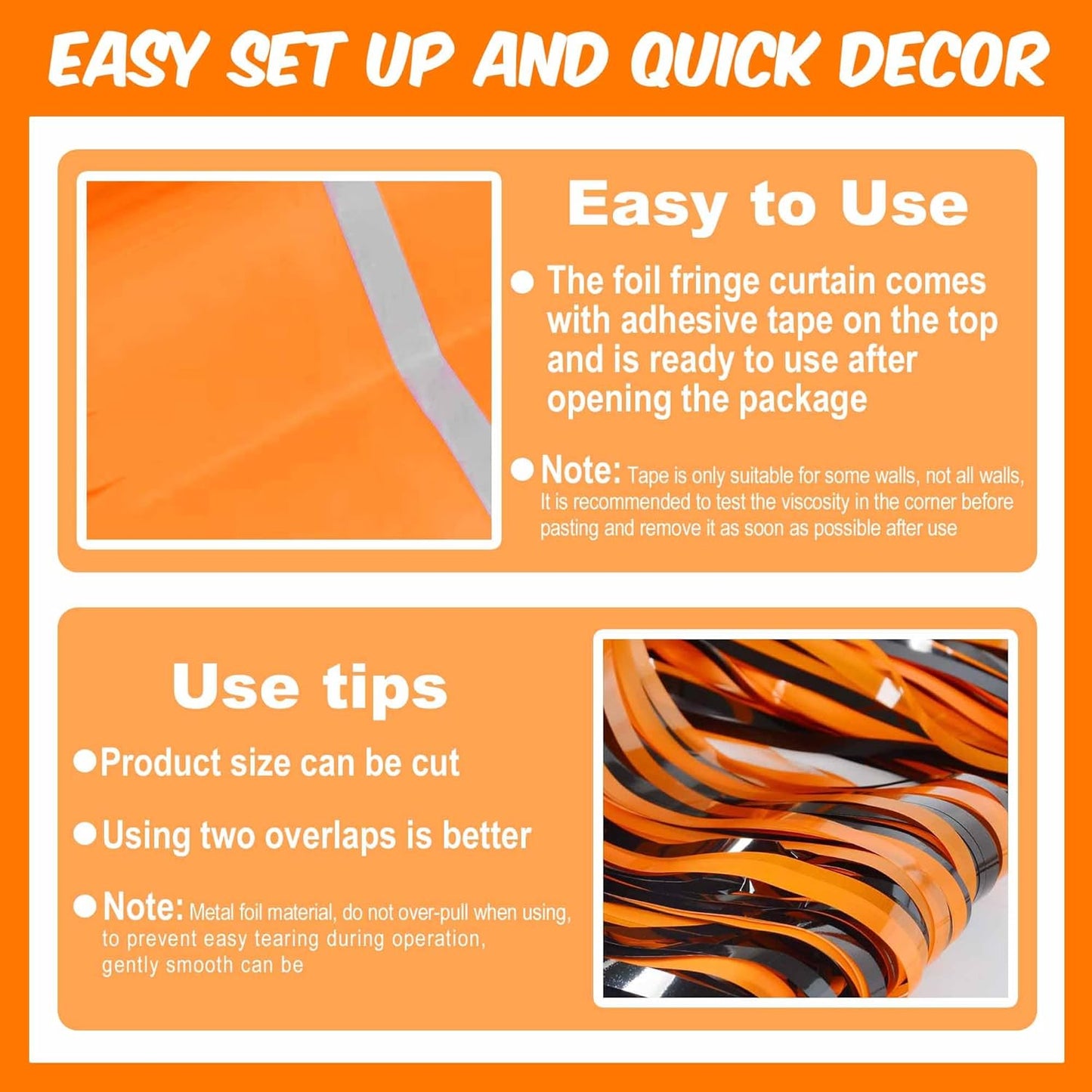 6 Pack Black Orange Foil Fringe Curtains Backdrop, 3.28 x 8.2 Ft Metallic Streamers Tinsel Curtains Background for Photo Booth, Birthday, Weddings, Carnivals, Graduation, Themed Party Decorations