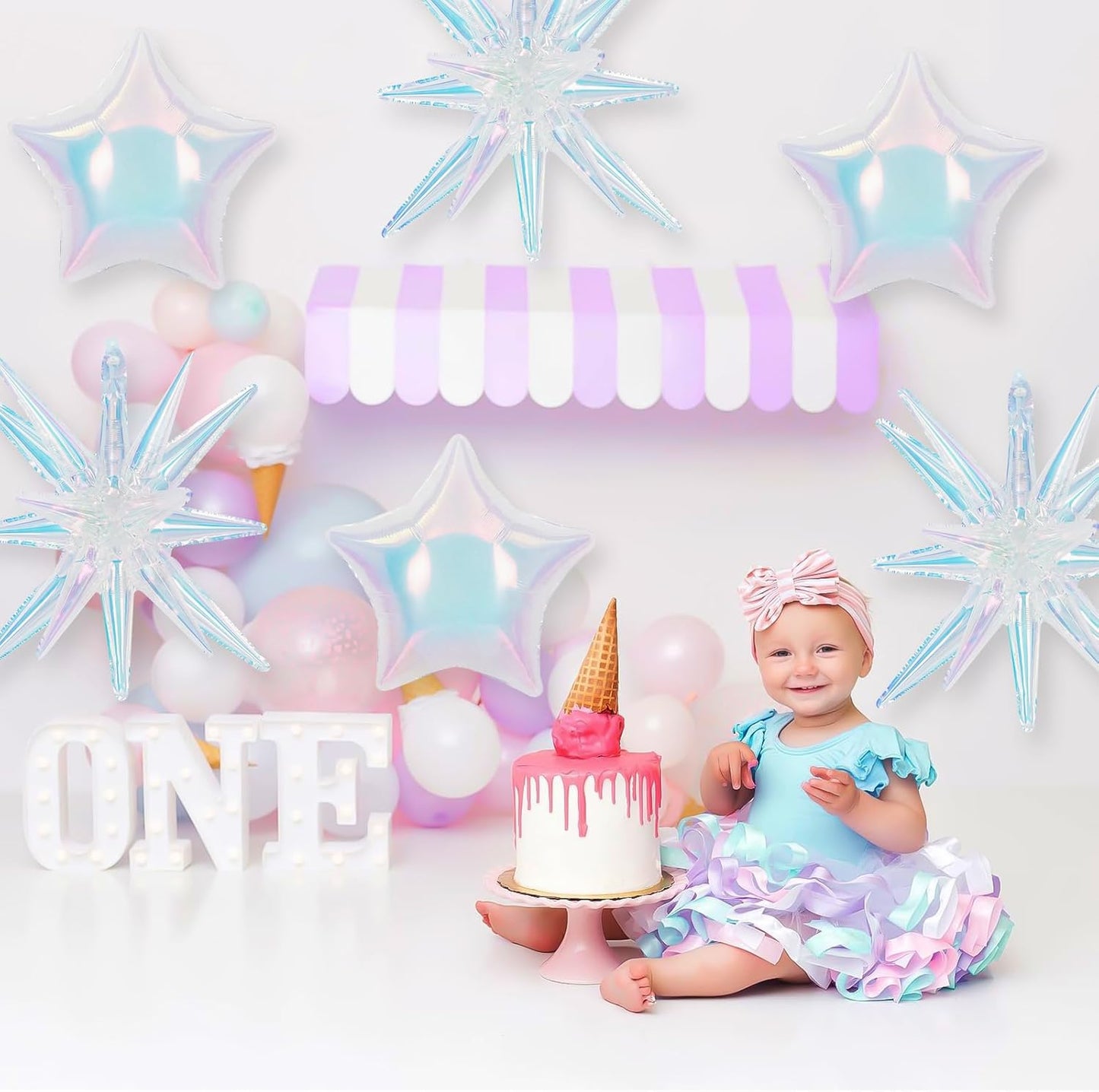 6Pcs Iridescent Foil Balloons, 22" 18" Star Iridescent Balloons Large Holographic Spike Cone Clear Foil Balloon for Birthday Baby Shower Mermaid Rainbow Wedding Party Decorations