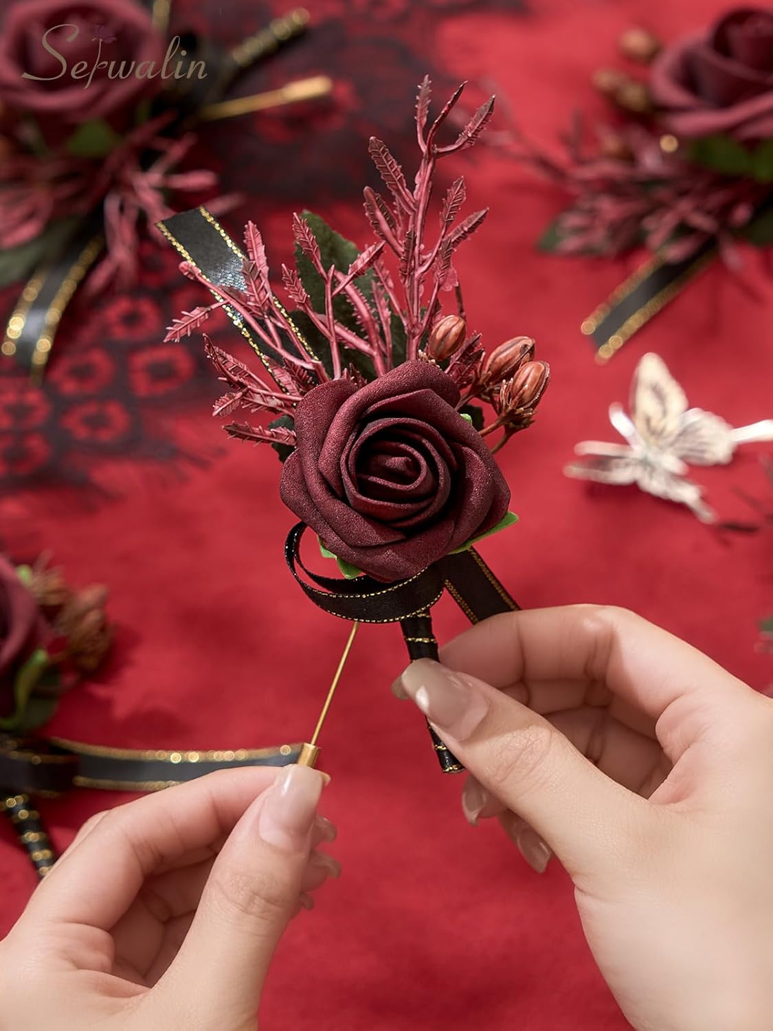 Serwalin 10Pcs Boutonniere for Men, Burgundy Groom and Best Man Boutonniere, Artificial Flowers for Wedding Decor Prom Homecoming Ceremony Anniversary Formal Dinner Party