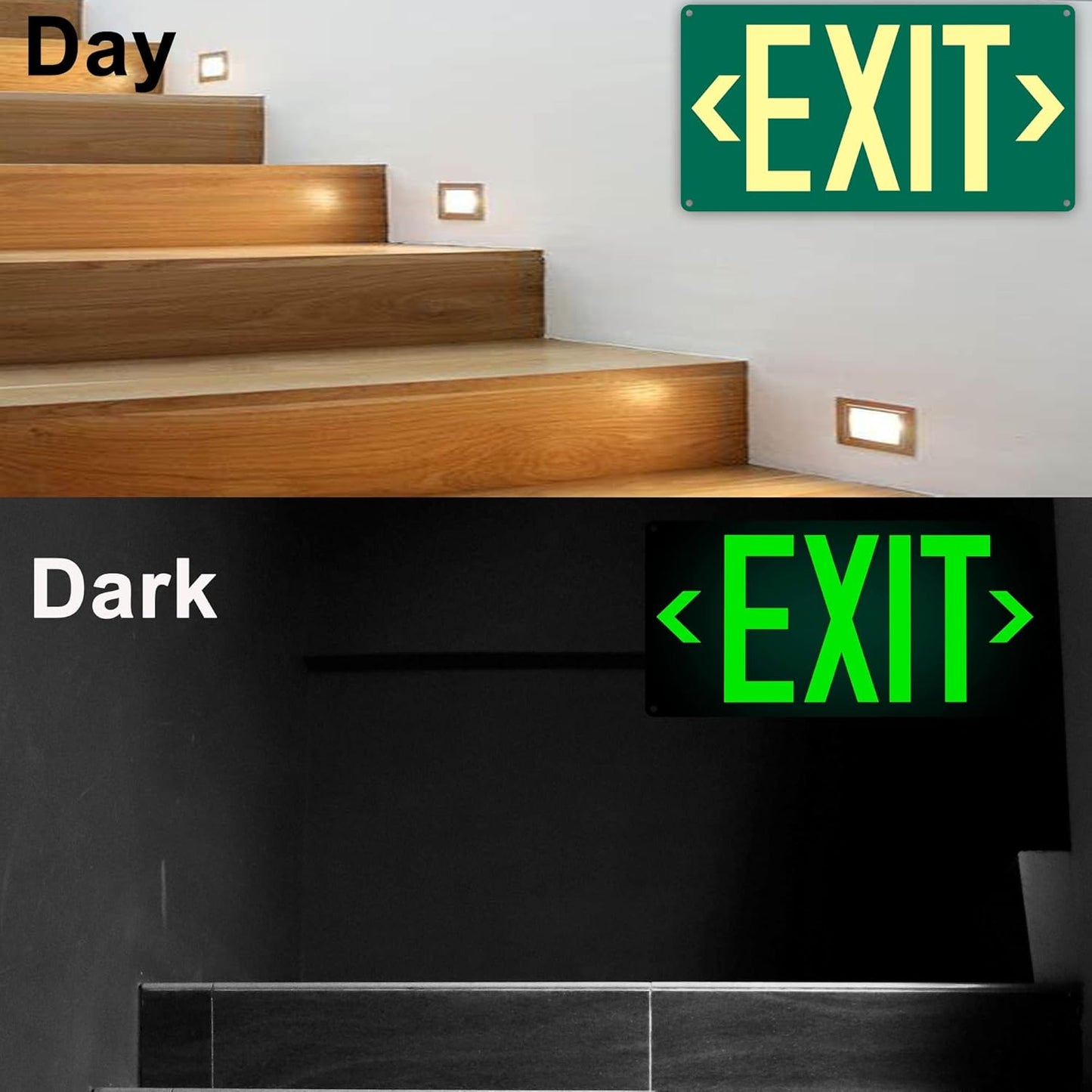 1Pack Photoluminescent Exit Sign Green - Aluminum -14.25"x 7.5" Glow In The Dark Adhesive Backing- Includes 2pcs Removable Arrows- Non Electrical Green Exit Light