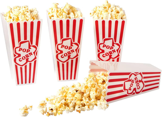 Plastic Popcorn Containers Red & White Striped Retro Style Reusable Popcorn Boxes for Movie Night 4”x8” (4 Pack)