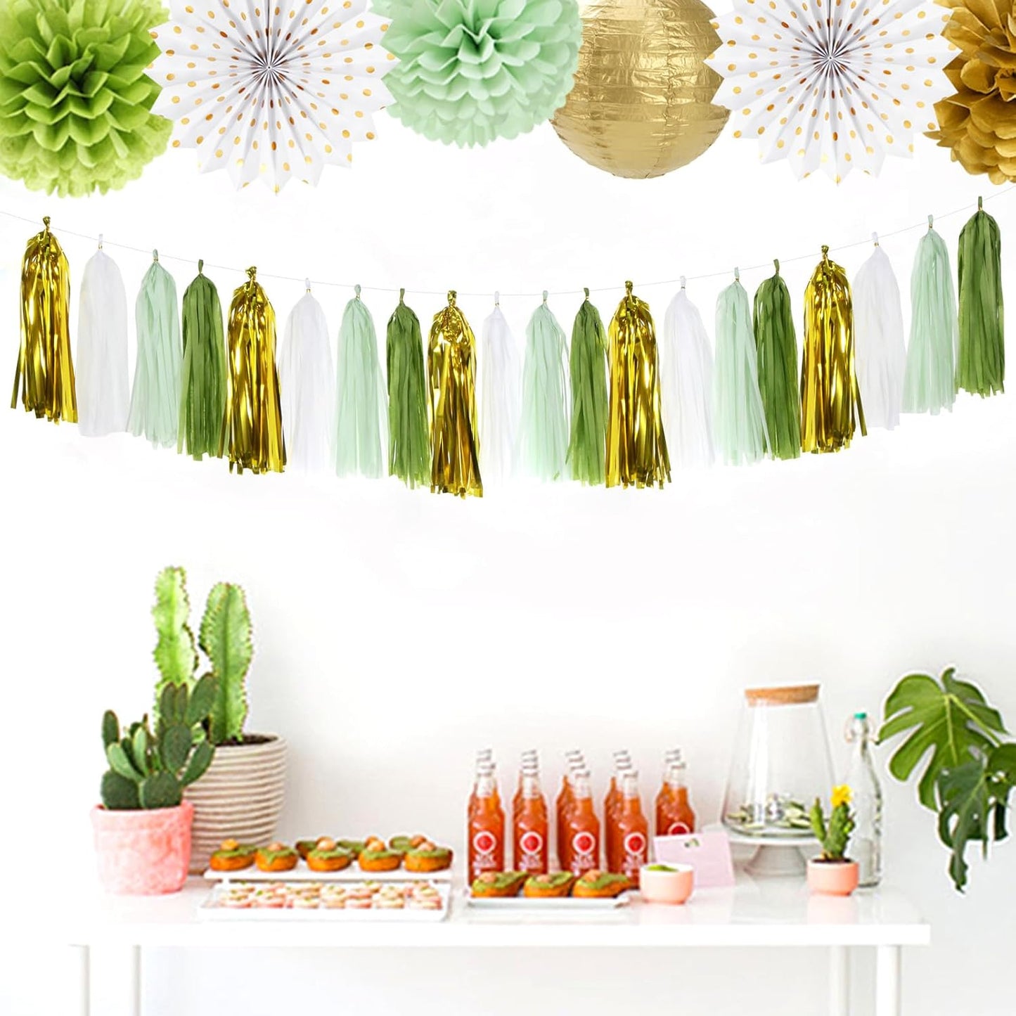 Sage-Olive Green Gold Party-Decorations Tassel-Garland - 20pcs Rustic Wedding Baby Shower Tassels Banner Streamers, Birthday Bachelorette Engagement Bridal Decor Panduola