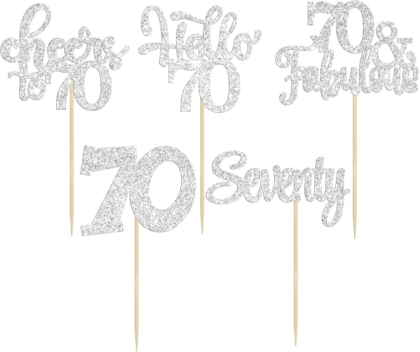 30Pcs Happy 70th Birthday Cupcake Toppers Seventy Cheers to 70 Years Old Birthday Cupcake Picks for 70th Birthday Anniversary Party Cake Decorations Supplies Silver Glitter