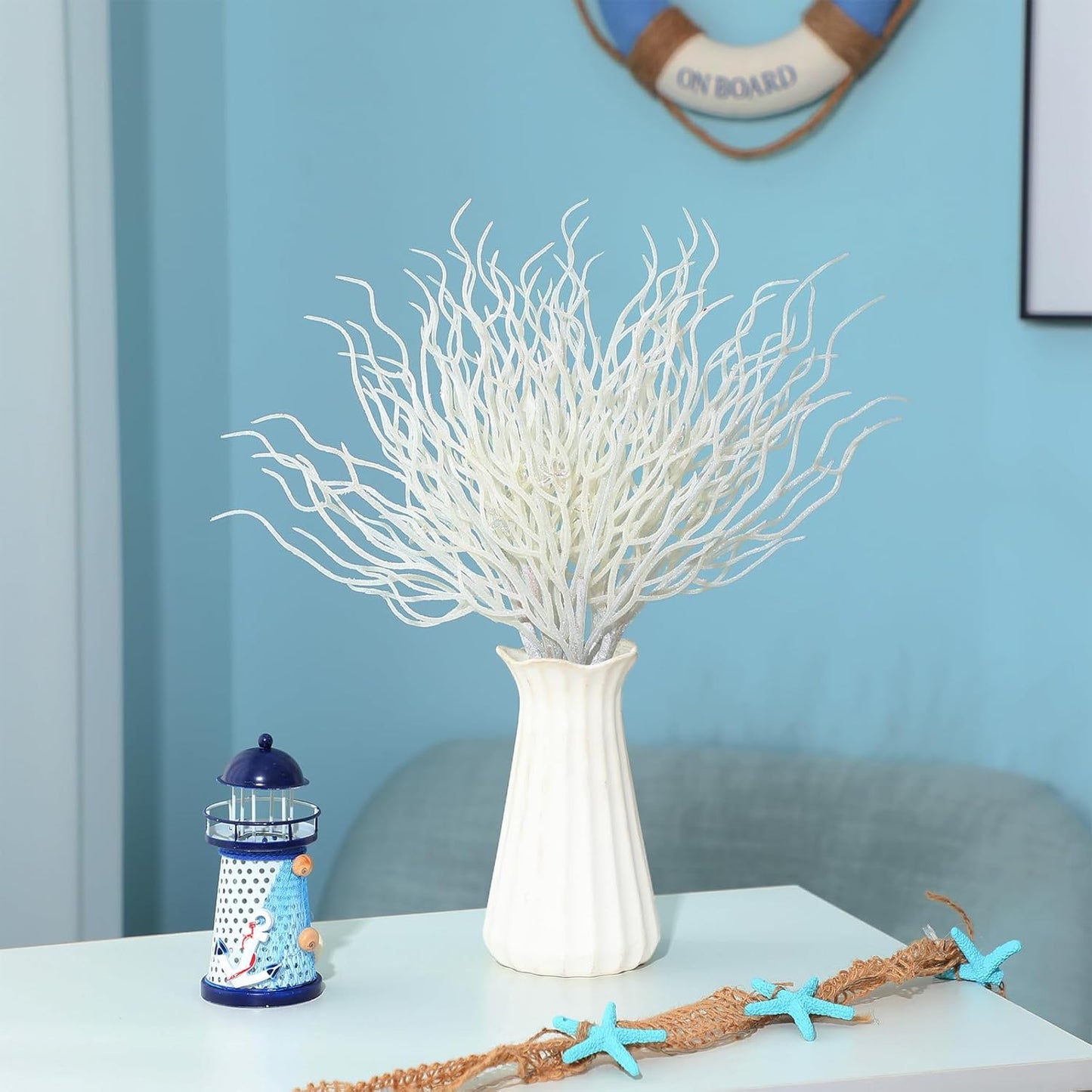 8 Pcs White Coastal Ornaments for Christmas Tree 15.7inch Glitter Coral Beach Ocean Spray Pick Branch Christmas Tree Topper Decorations Filler Twigs for Xmas Vase Wreaths Gift