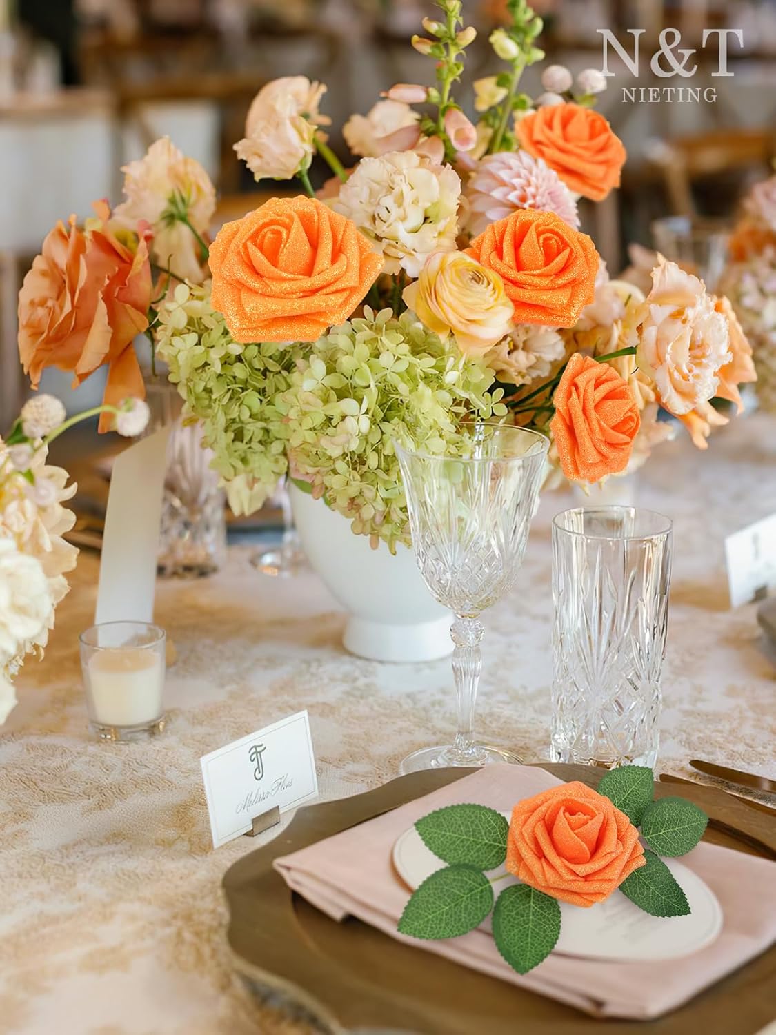 N&T NIETING Artificial Roses Flowers, Fake Glitter Flowers Burnt Orange Roses Perfect for DIY Wedding Bridal Bouquets Centerpieces Bridal Shower Party Home Flower Arrangement Decorations, 25Pcs