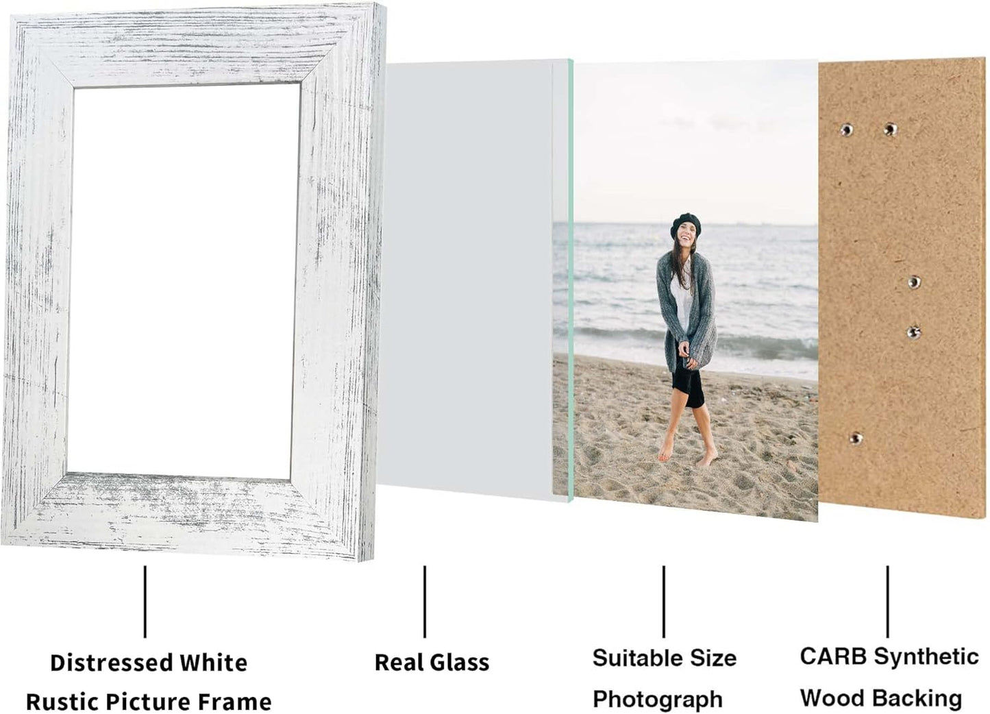4x6 Picture Frame Set of 4, High Definition Glass Distressed White Frame, 4 x 6 Wood Photo Frames for Tabletop Display and Wall Mounting