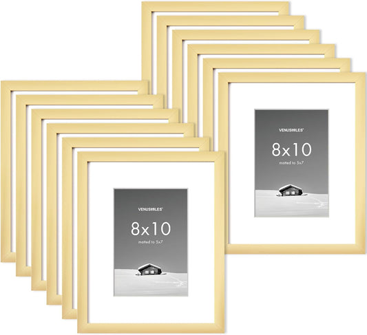 8x10 inch Picture Frame, 8x10 Photo Frames with 5x7 Removable Mat - High Definition Plexiglass - Vertical and Horizontal Display - Wall Hanging Frame - Gold, 12 Pack