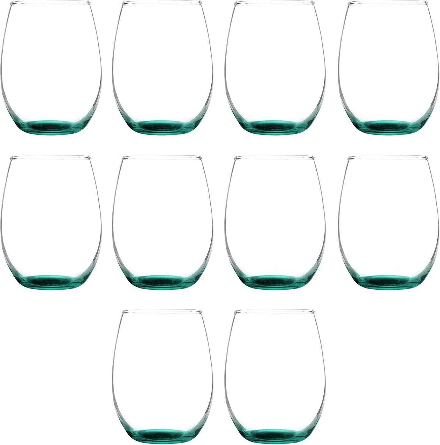 DISCOUNT PROMOS Stemless Wine Glass 9 oz. Set of 10, Bulk Pack - Great for Wedding Favors, Bachelorette Party and More - Green Bottom Color