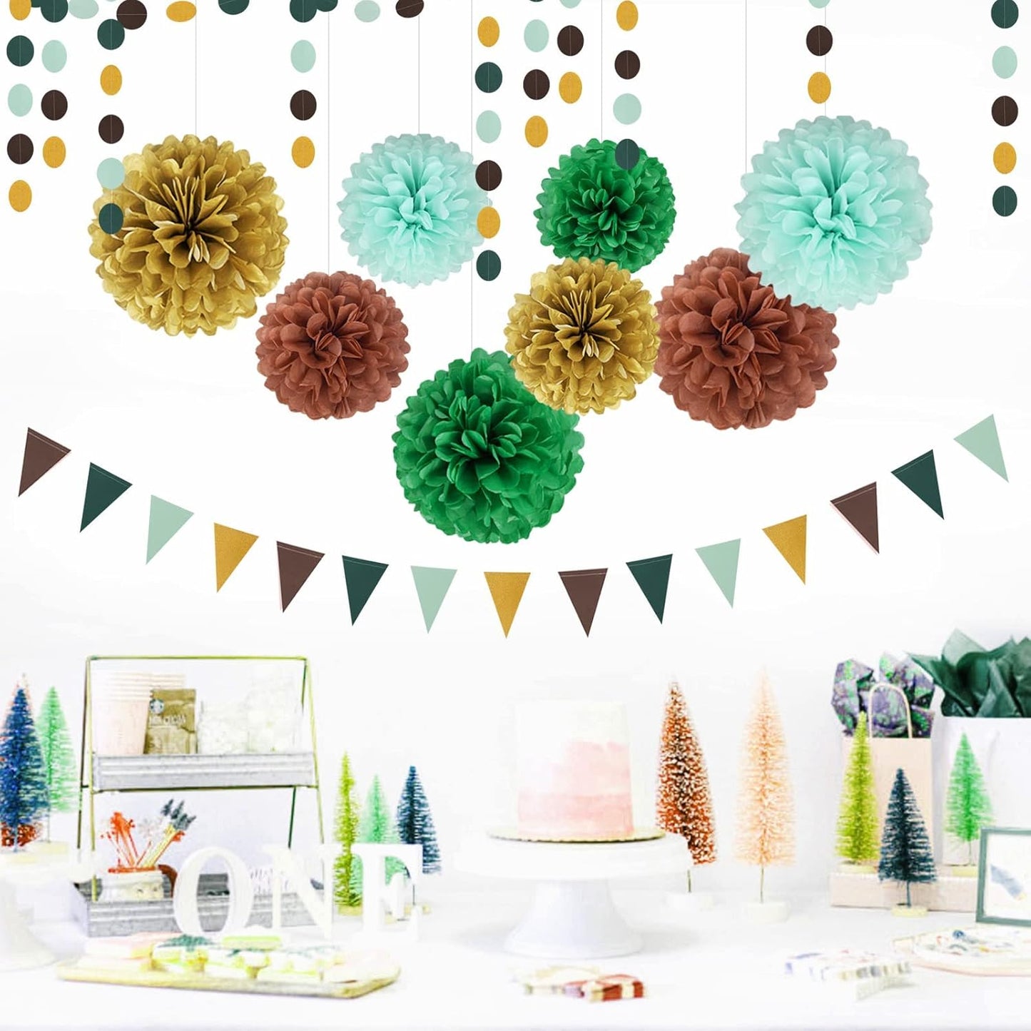 Sage Green Gold Party Decorations - 30pcs Hanging Decoration Birthday Party Tissue Paper Flowers Wedding Pennant Banner Neutral Baby Shower Circle Dots Garland Engagement Tassel Bridal Shower Decor