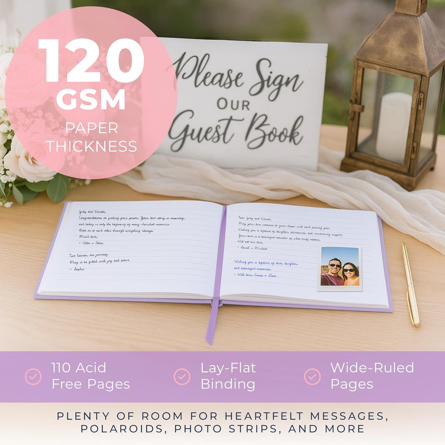 Promot Personalized Guestbook for Party (Lavender Purple) - 110 Lined Pages in Wood-Free Vegan Leather Hard Cover - Wedding Guest Book Sign in and Photos, Baby Shower, Birthday or Graduation