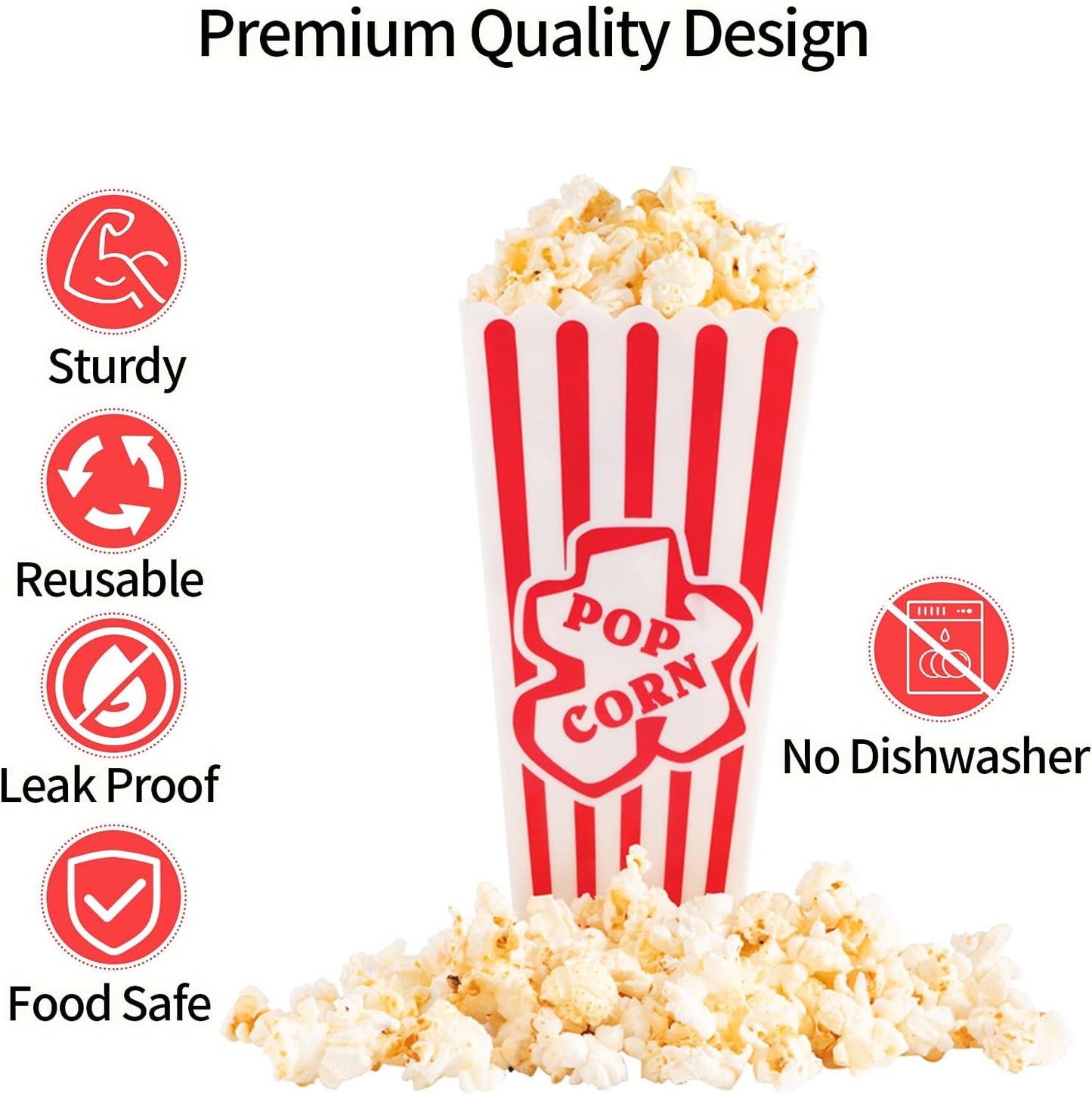Plastic Popcorn Containers Red & White Striped Retro Style Reusable Popcorn Boxes for Movie Night 4”x8” - 6 Pack