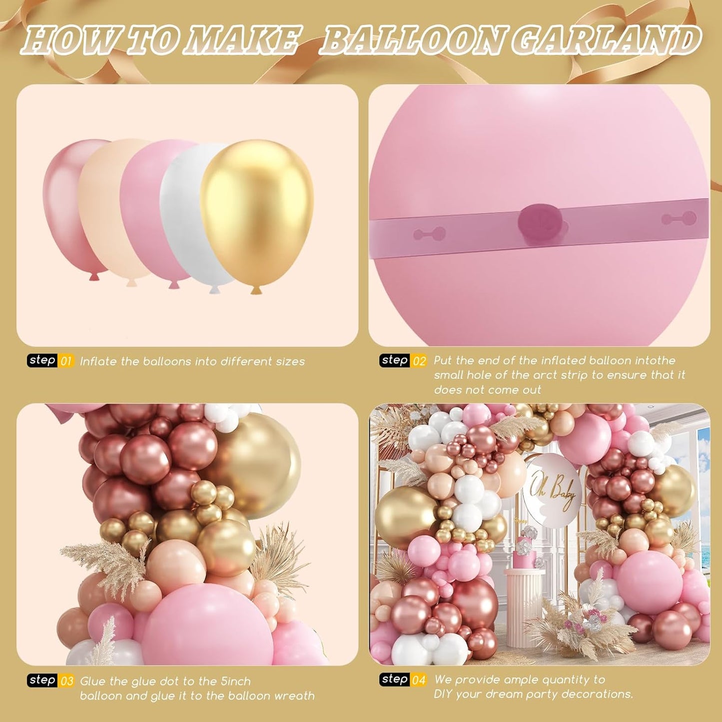 412Pcs Rose Gold Balloon Garland Arch Kit,18 12 10 5 Inch Nude Pastel Pink Metallic Gold White Balloons for Women Girls Birthday Bridal Baby Shower Decorations