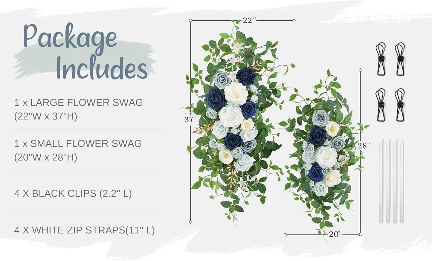 Arch Flower Kit of 2 - Artificial Floral Swag for Wedding Welcome Sign, Reception Ceremony Signs, Chair Decor (Dusty Blue & Ivory)