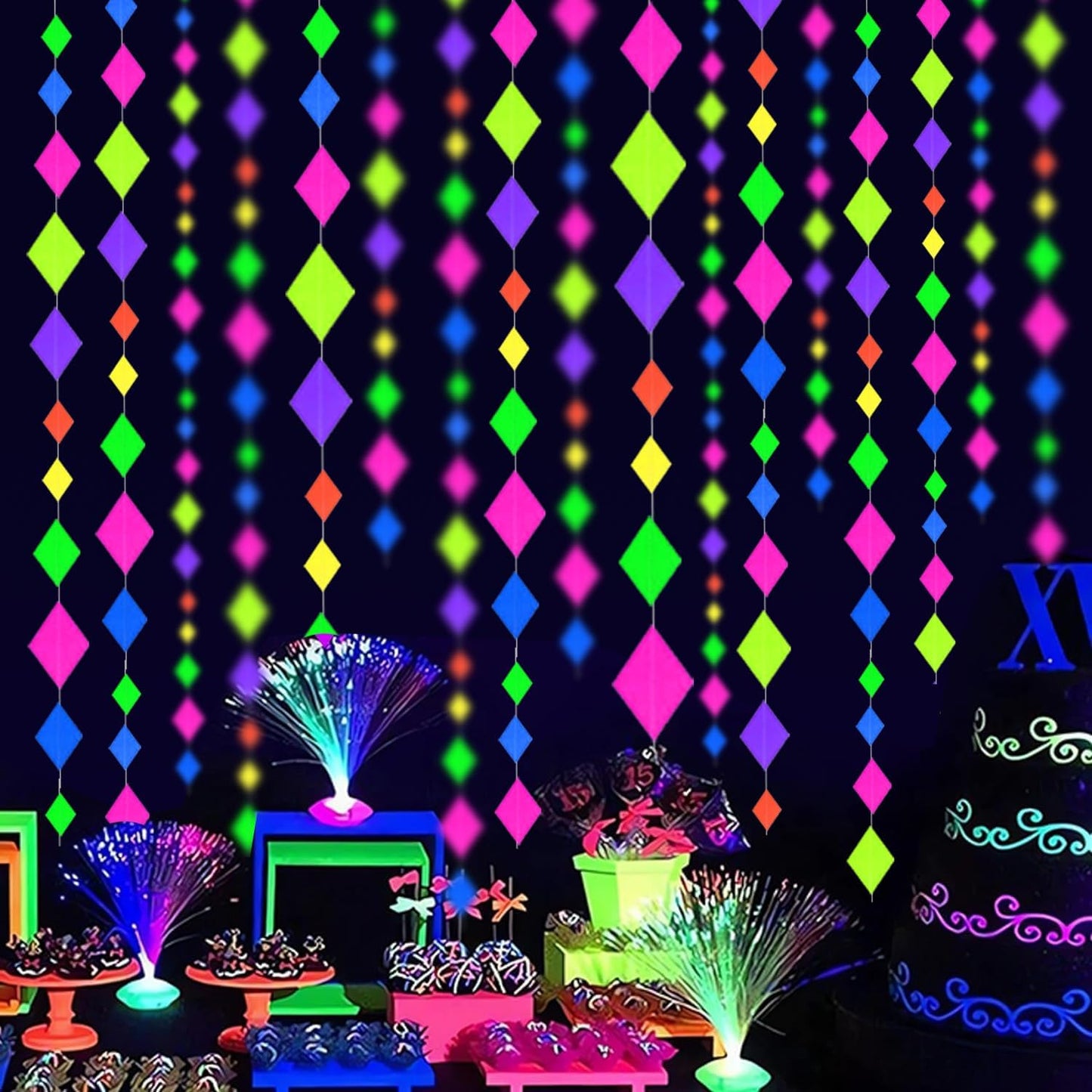 123feet UV Paper Neon Streamers & Garlands - Diamond Shape Black Light Decorations, Glow Party Favors & Supplies for Wedding & Birthday Celebrations