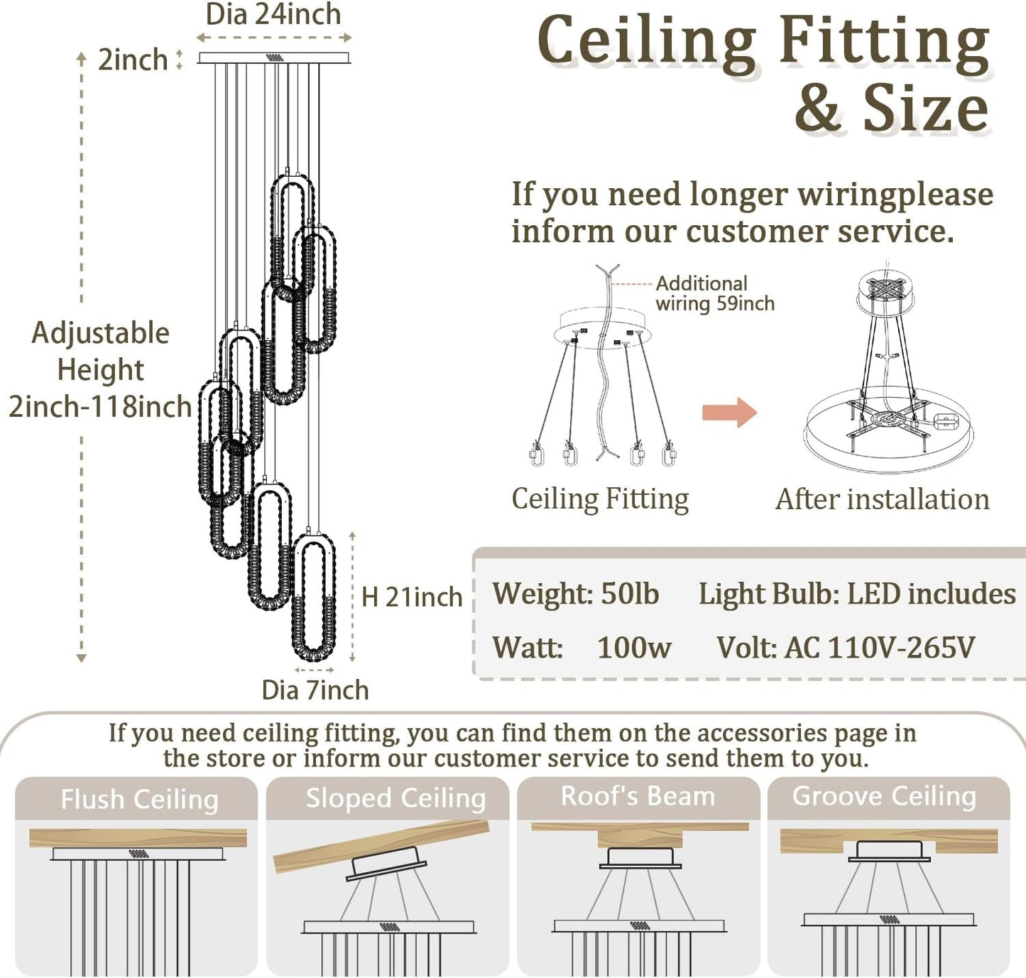 8 Rings Crystal Chandelier,H 118" Modern Silver Pendant Light Luxury Foyer Lighting Fixture High Ceiling Chandelier for Entryway,Staircase,Living Room,Villa LED Dimmable 2700K-6000K