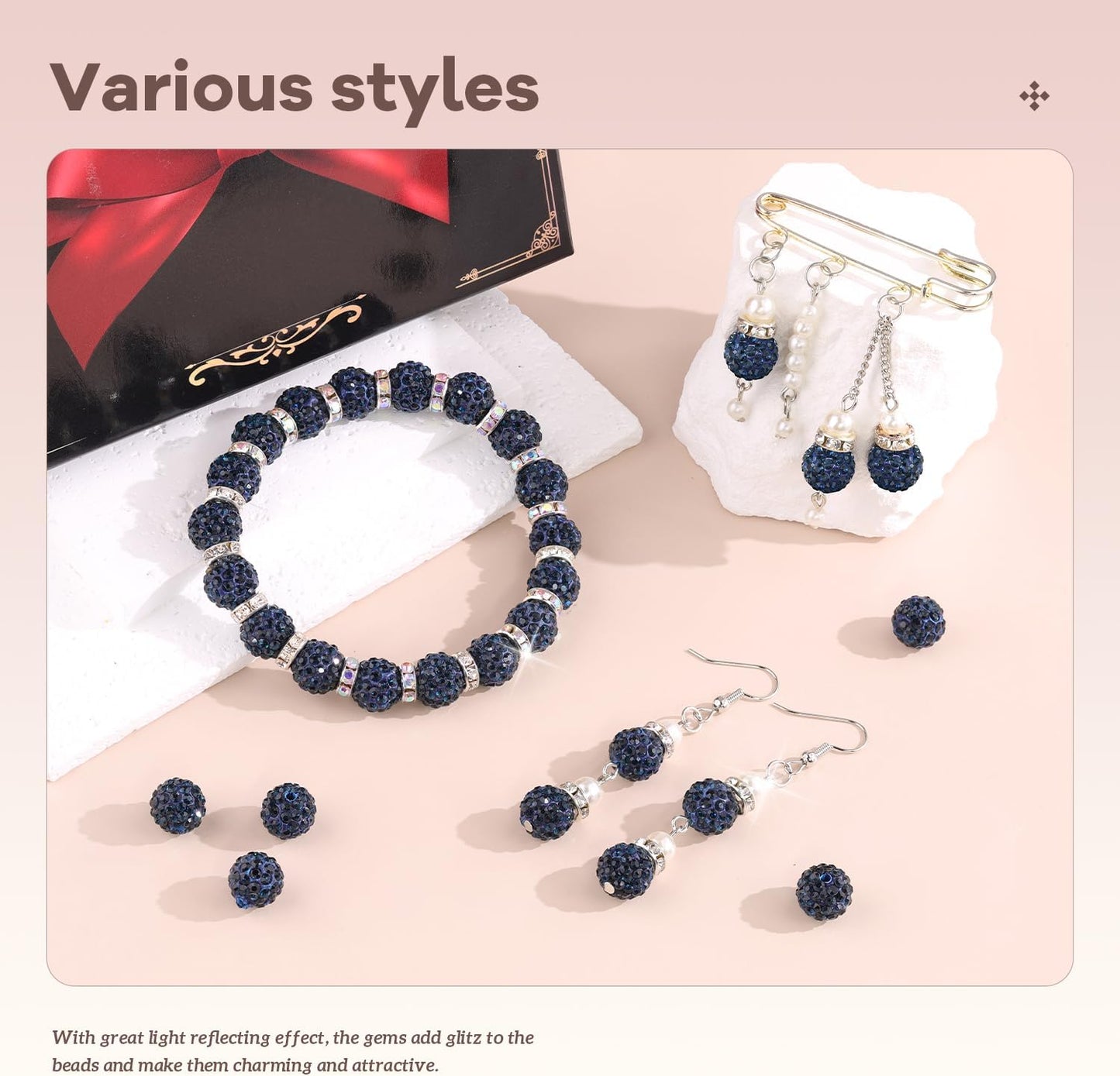 160pcs 10mm Rhinestone Beads for Jewelry Making, Blue Black Shiny Round Disco Ball Beads Bulk, Sparkle Crystal Clay Christmas for Bracelet Baseball Necklace Earring Crafting and DIY